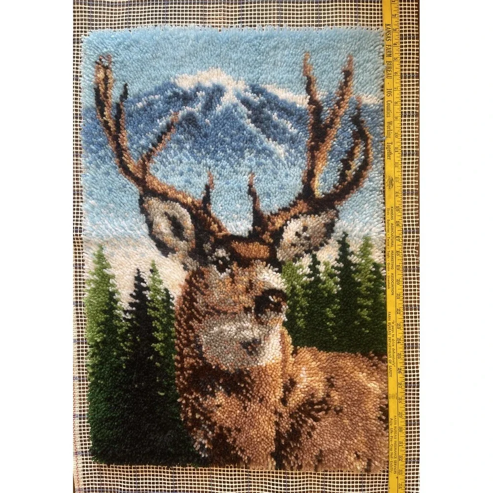 Vintage Latch Hook Rug Wall Hanging Deer Buck Mountain Forest Wildlife 22x32